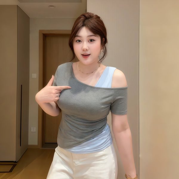 Plus-Size Women's Off-Shoulder Short Sleeve T-Shirt, Slim Fit Faux Two-Piece Top, Summer Fashion for Curvy Women, Trendy Style