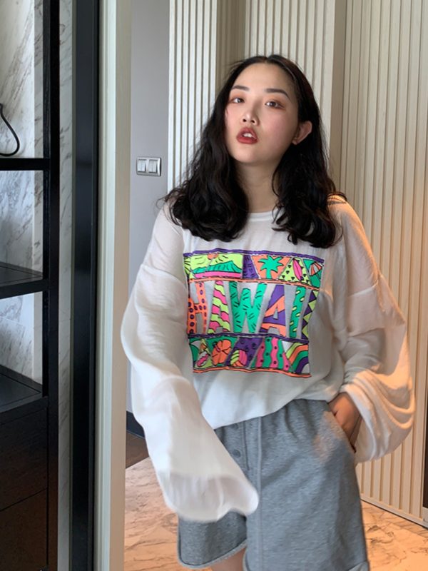 Plus Size Women's Printed Long Sleeve Sun Protection T-Shirt - Summer 2025 Loose Slimming Style in White - Trendy and Comfortable