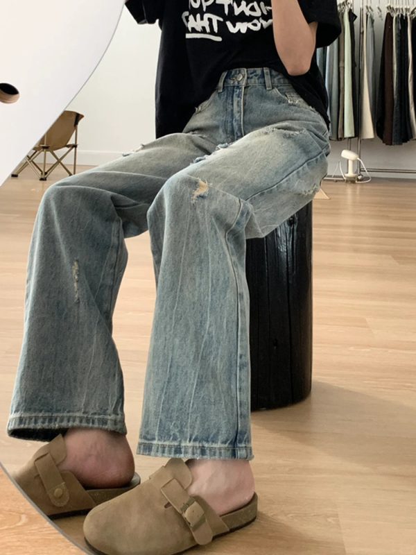 Plus-Size Women's Ripped Wide Leg Jeans for Pear-Shaped Bodies, Loose Straight Fit, Casual Y2K Style