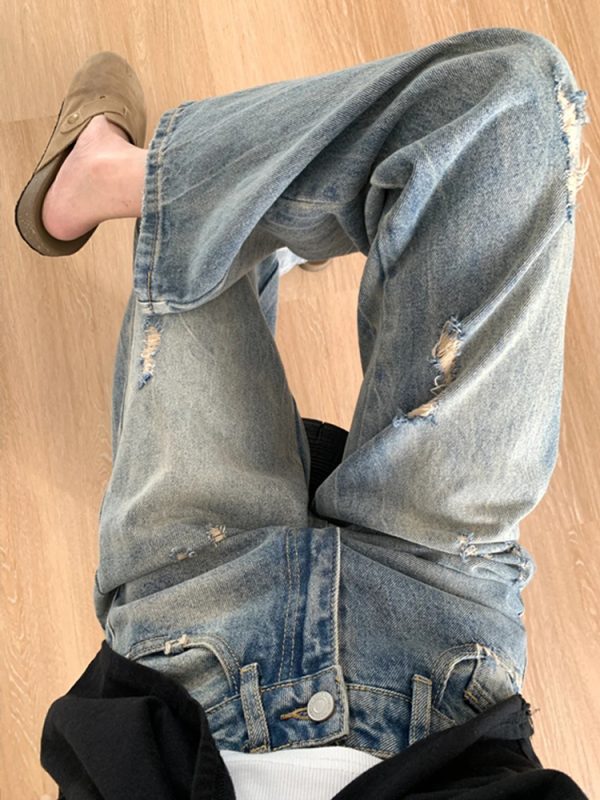 Plus-Size Women's Ripped Wide Leg Jeans for Pear-Shaped Bodies, Loose Straight Fit, Casual Y2K Style
