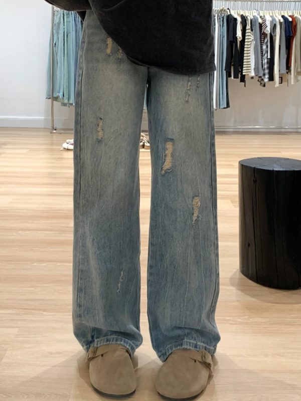 Plus-Size Women's Ripped Wide Leg Jeans for Pear-Shaped Bodies, Loose Straight Fit, Casual Y2K Style