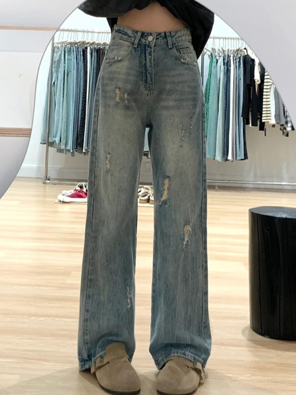 Plus-Size Women's Ripped Wide Leg Jeans for Pear-Shaped Bodies, Loose Straight Fit, Casual Y2K Style