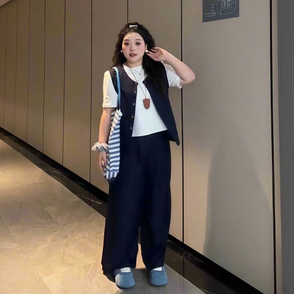 Plus-Size Women's Solid Color Short-Sleeve T-Shirt & Wide-Leg Pants Three-Piece Set - Versatile Summer Fashion Ensemble