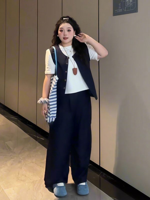 Plus-Size Women's Solid Color Short-Sleeve T-Shirt & Wide-Leg Pants Three-Piece Set - Versatile Summer Fashion Ensemble