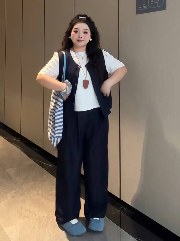 Plus-Size Women's Solid Color Short-Sleeve T-Shirt & Wide-Leg Pants Three-Piece Set - Versatile Summer Fashion Ensemble