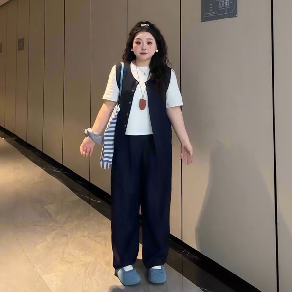 Plus-Size Women's Solid Color Short-Sleeve T-Shirt & Wide-Leg Pants Three-Piece Set - Versatile Summer Fashion Ensemble