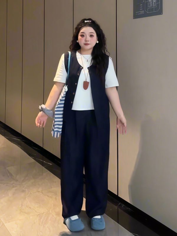 Plus-Size Women's Solid Color Short-Sleeve T-Shirt & Wide-Leg Pants Three-Piece Set - Versatile Summer Fashion Ensemble