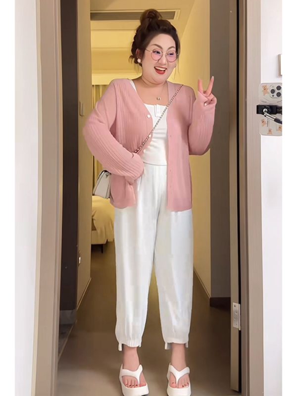 Plus Size Women's Summer Ice Silk Knitted Cardigan - Versatile Lightweight Jacket for Curvy Figures, Sun Protection Top, Air Conditioning Shirt