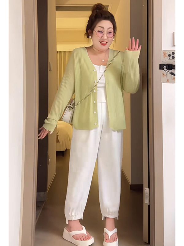 Plus Size Women's Summer Ice Silk Knitted Cardigan - Versatile Lightweight Jacket for Curvy Figures, Sun Protection Top, Air Conditioning Shirt