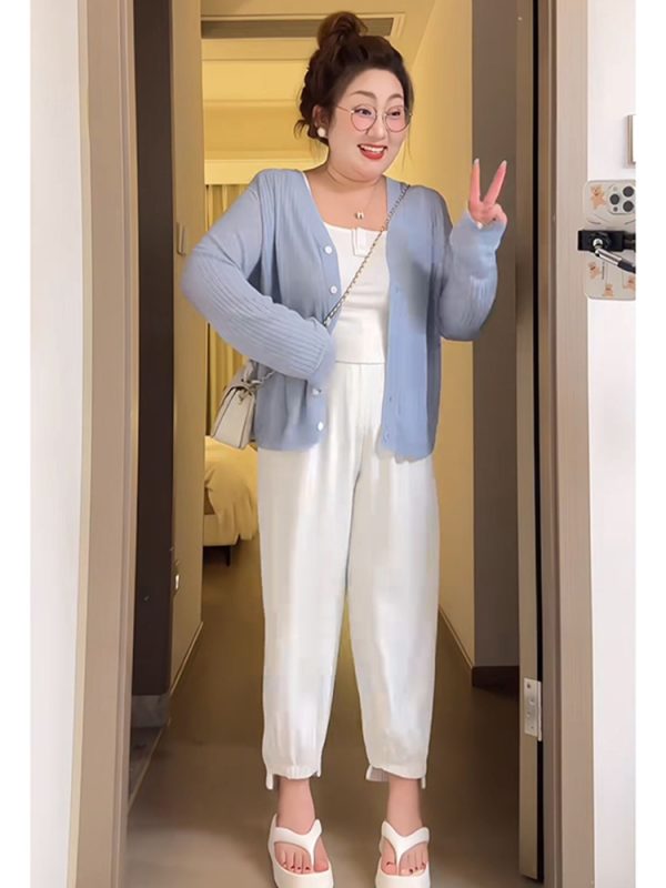 Plus Size Women's Summer Ice Silk Knitted Cardigan - Versatile Lightweight Jacket for Curvy Figures, Sun Protection Top, Air Conditioning Shirt