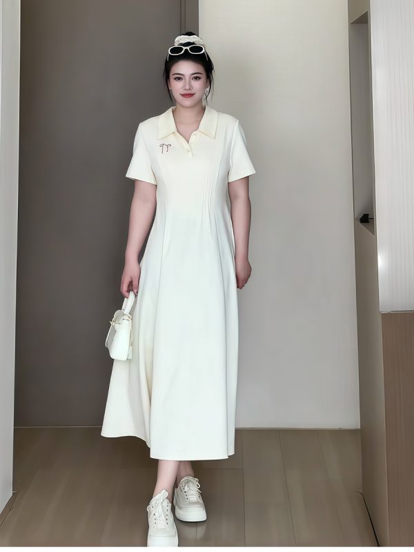 Plus-Size Women's Summer Polo Collar Short Sleeve A-Line Dress, Waist-Cinching Slimming Fit, College Style, Trendy and Elegant Look