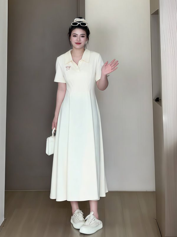 Plus-Size Women's Summer Polo Collar Short Sleeve A-Line Dress, Waist-Cinching Slimming Fit, College Style, Trendy and Elegant Look