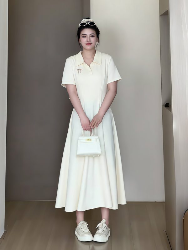 Plus-Size Women's Summer Polo Collar Short Sleeve A-Line Dress, Waist-Cinching Slimming Fit, College Style, Trendy and Elegant Look