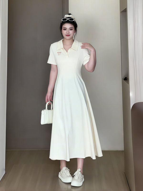 Plus-Size Women's Summer Polo Collar Short Sleeve A-Line Dress, Waist-Cinching Slimming Fit, College Style, Trendy and Elegant Look