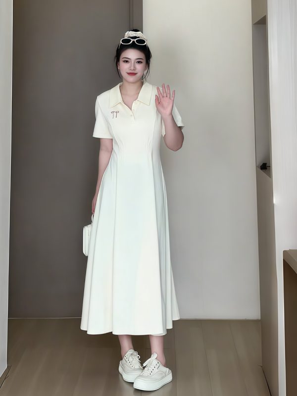 Plus-Size Women's Summer Polo Collar Short Sleeve A-Line Dress, Waist-Cinching Slimming Fit, College Style, Trendy and Elegant Look