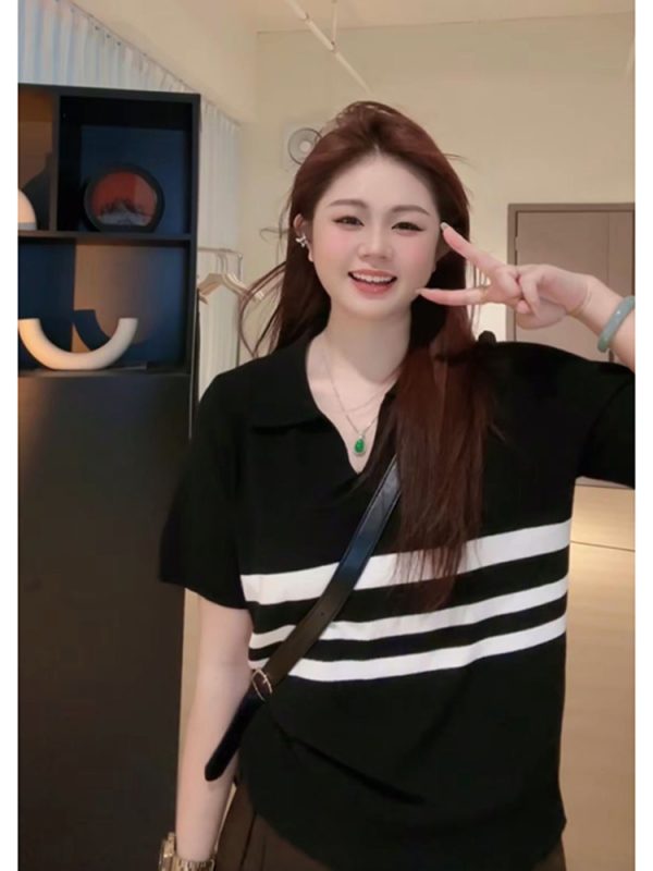 Plus Size Women's Summer Short Sleeve Striped Polo Collar Knitted Top - Slimming & Youthful Design for a Chic Look