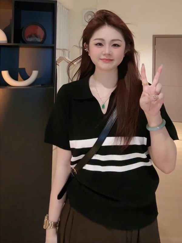 Plus Size Women's Summer Short Sleeve Striped Polo Collar Knitted Top - Slimming & Youthful Design for a Chic Look