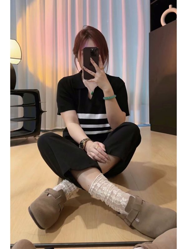 Plus Size Women's Summer Short Sleeve Striped Polo Collar Knitted Top - Slimming & Youthful Design for a Chic Look