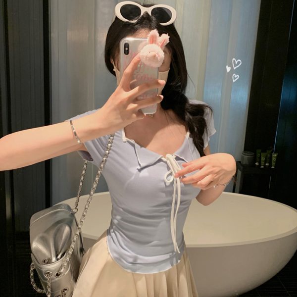 Plus Size Women's Summer Short Sleeve T-Shirt â€“ Spicy Slim Fit Tummy-Covering Tie Top for a Trendy Look