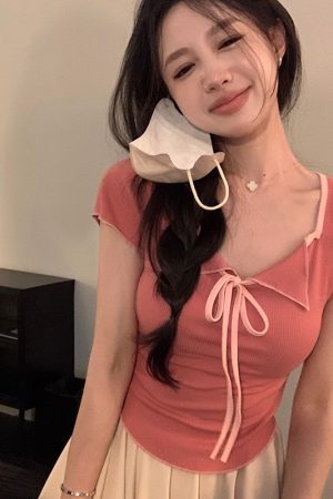 Plus Size Women's Summer Short Sleeve T-Shirt â€“ Spicy Slim Fit Tummy-Covering Tie Top for a Trendy Look