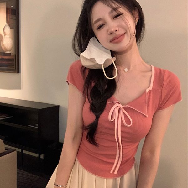 Plus Size Women's Summer Short Sleeve T-Shirt â€“ Spicy Slim Fit Tummy-Covering Tie Top for a Trendy Look