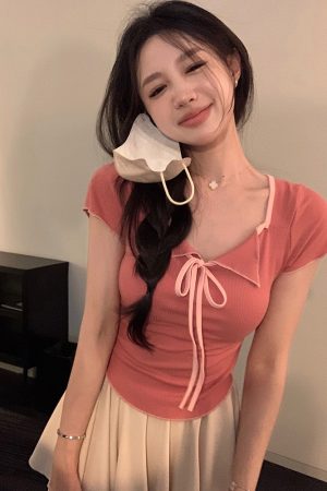 Plus Size Women's Summer Short Sleeve T-Shirt â€“ Spicy Slim Fit Tummy-Covering Tie Top for a Trendy Look