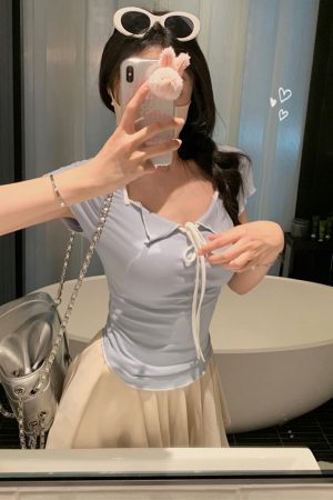 Plus Size Women's Summer Short Sleeve T-Shirt â€“ Spicy Slim Fit Tummy-Covering Tie Top for a Trendy Look