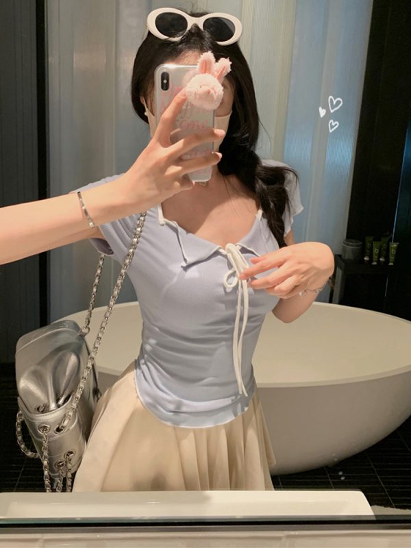 Plus Size Women's Summer Short Sleeve T-Shirt â€“ Spicy Slim Fit Tummy-Covering Tie Top for a Trendy Look