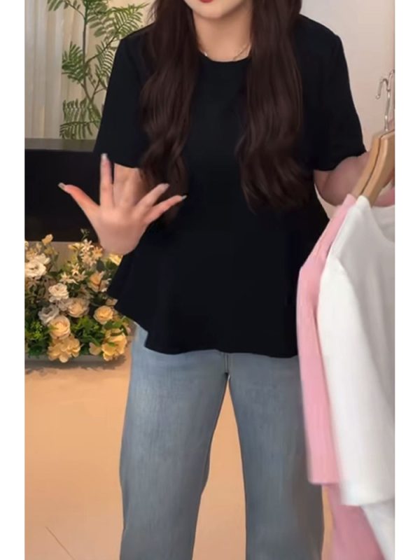 Plus Size Women's Summer Short Sleeve T-shirt with Lotus Leaf Edges, Flattering Design for Chubby Figures, Versatile Youthful Style