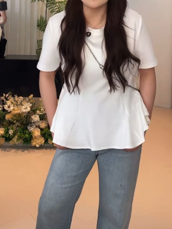 Plus Size Women's Summer Short Sleeve T-shirt with Lotus Leaf Edges, Flattering Design for Chubby Figures, Versatile Youthful Style