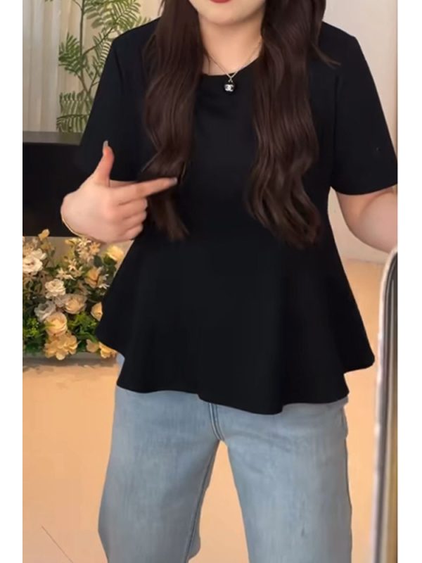 Plus Size Women's Summer Short Sleeve T-shirt with Lotus Leaf Edges, Flattering Design for Chubby Figures, Versatile Youthful Style