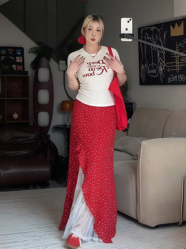 Plus Size Women's Vintage Letter Print Short Sleeve T-Shirt Summer Outfit with Red Polka Dot Skirt Two-Piece Set