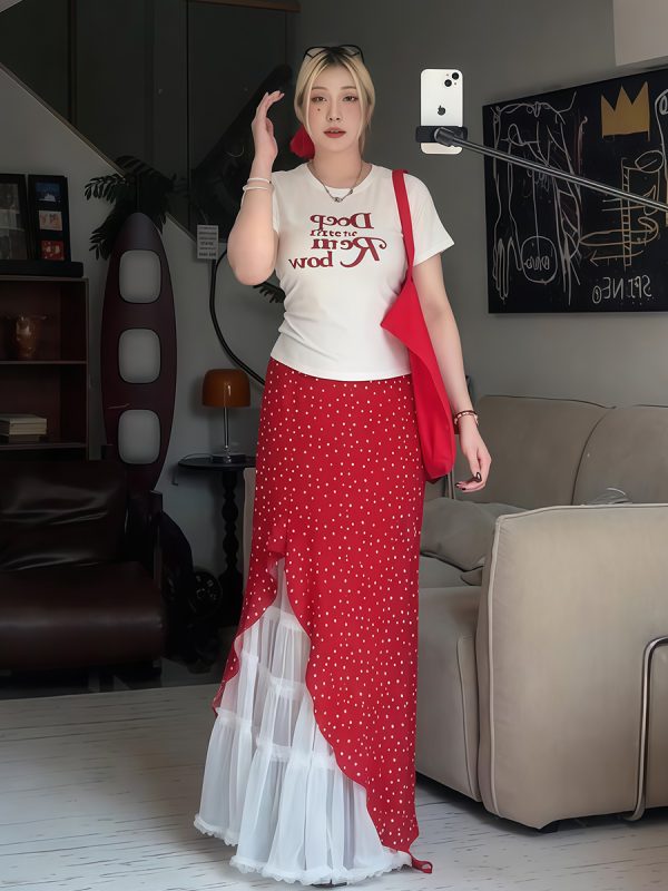 Plus Size Women's Vintage Letter Print Short Sleeve T-Shirt Summer Outfit with Red Polka Dot Skirt Two-Piece Set