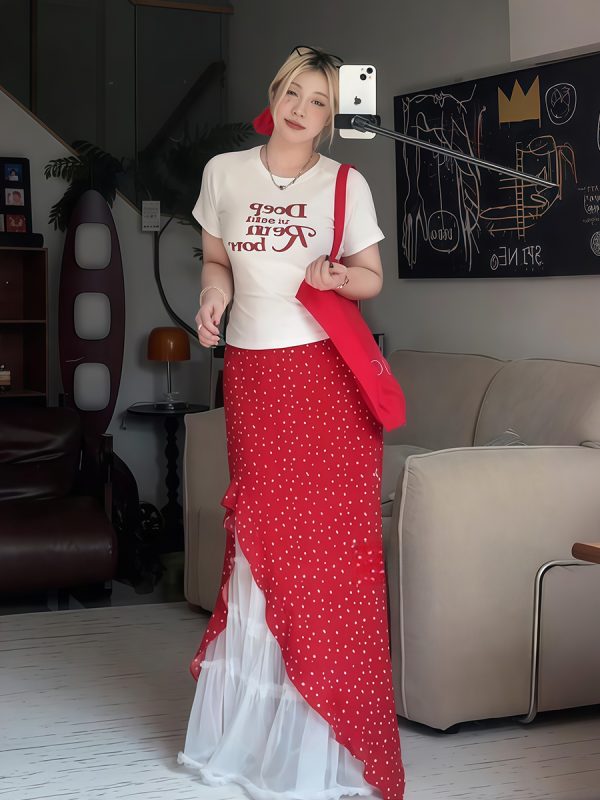 Plus Size Women's Vintage Letter Print Short Sleeve T-Shirt Summer Outfit with Red Polka Dot Skirt Two-Piece Set