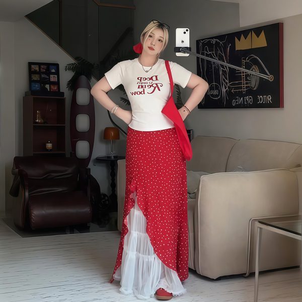 Plus Size Women's Vintage Letter Print Short Sleeve T-Shirt Summer Outfit with Red Polka Dot Skirt Two-Piece Set