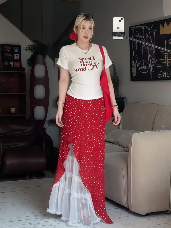 Plus Size Women's Vintage Letter Print Short Sleeve T-Shirt Summer Outfit with Red Polka Dot Skirt Two-Piece Set