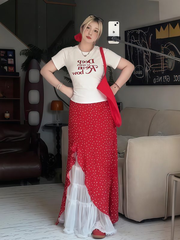 Plus Size Women's Vintage Letter Print Short Sleeve T-Shirt Summer Outfit with Red Polka Dot Skirt Two-Piece Set