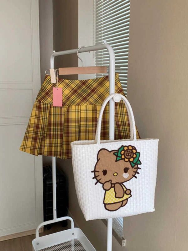 Plus Size Yellow Checkered Pleated Skirt for Women, High-Waisted A-Line Design, Summer College Style, Short Skirt for Petite Fashion