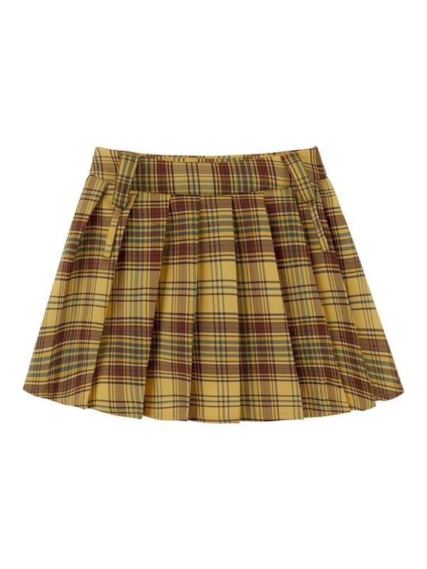 Plus Size Yellow Plaid Midi Skirt for Women - American Retro College Style High Waist Pleated A-Line Short Skirt Summer Fashion