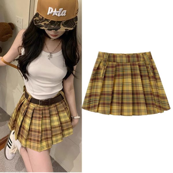 Plus Size Yellow Plaid Midi Skirt for Women - American Retro College Style High Waist Pleated A-Line Short Skirt Summer Fashion