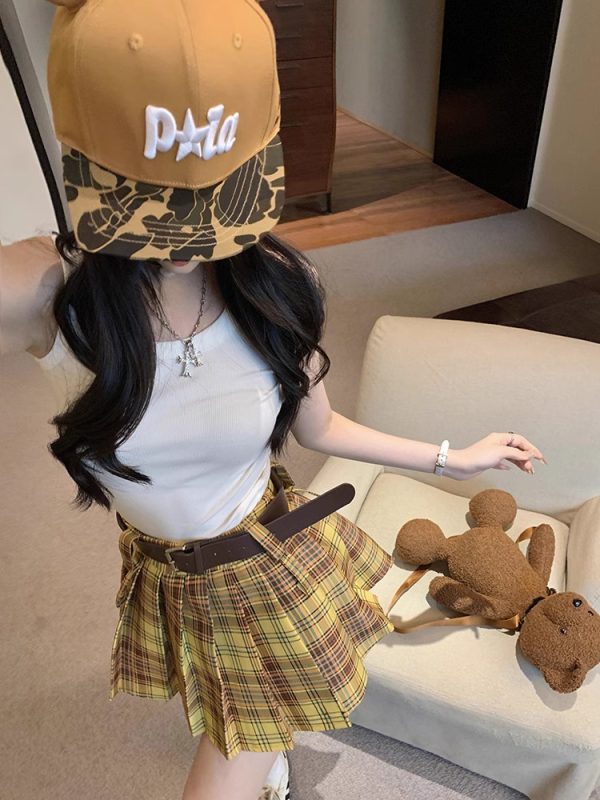 Plus Size Yellow Plaid Midi Skirt for Women - American Retro College Style High Waist Pleated A-Line Short Skirt Summer Fashion
