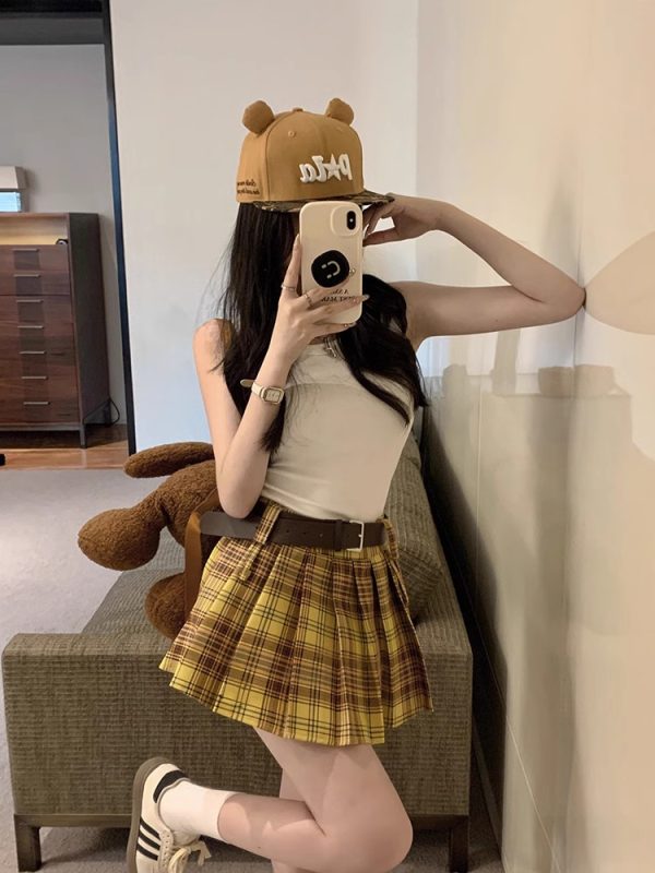 Plus Size Yellow Plaid Midi Skirt for Women - American Retro College Style High Waist Pleated A-Line Short Skirt Summer Fashion