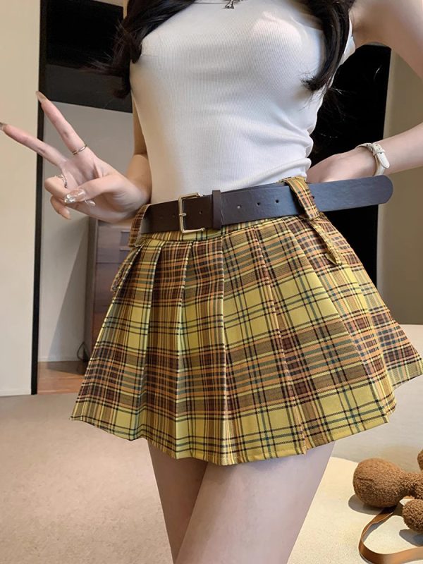 Plus Size Yellow Plaid Midi Skirt for Women - American Retro College Style High Waist Pleated A-Line Short Skirt Summer Fashion