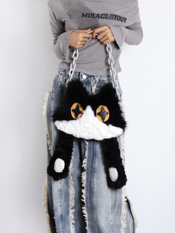 Plush Cow Cat Crossbody Bag for Students - Cute Face-Covering Design, Autumn Winter Niche Style