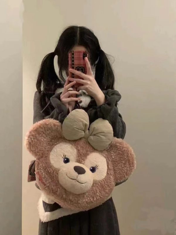 Plush Duffy Bear Big Face Bag - Versatile Cartoon Teddy Bear Doll Double Shoulder Handbag in Snow Pear Rose - Y2K Style