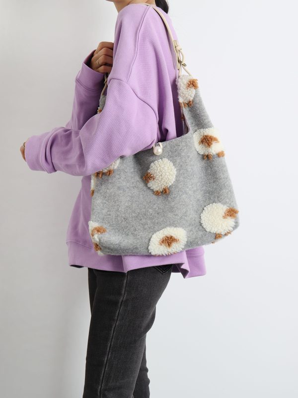 Plush Gray Lamb Tote Bag for Women, Soft and Cute Large Capacity Design, Trendy Niche Style