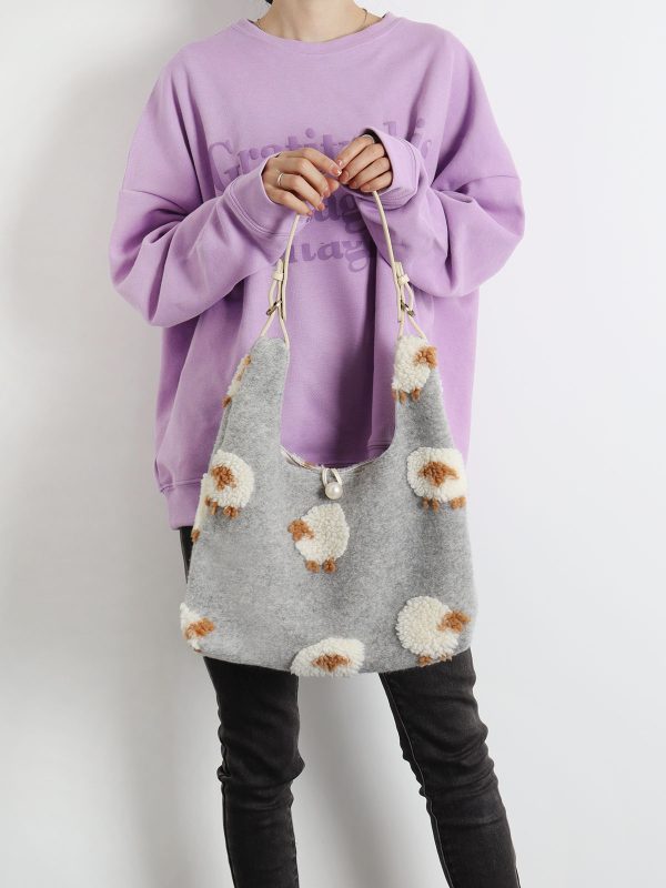 Plush Gray Lamb Tote Bag for Women, Soft and Cute Large Capacity Design, Trendy Niche Style