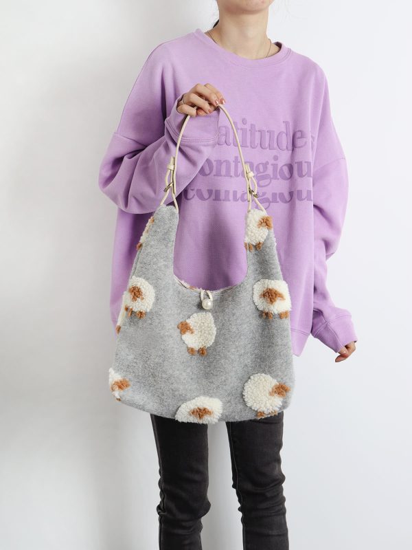 Plush Gray Lamb Tote Bag for Women, Soft and Cute Large Capacity Design, Trendy Niche Style