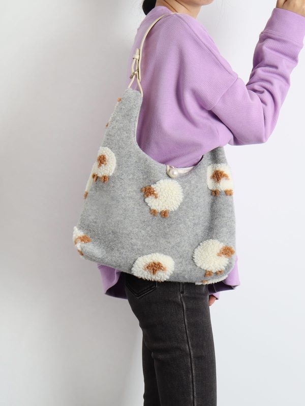 Plush Gray Lamb Tote Bag for Women, Soft and Cute Large Capacity Design, Trendy Niche Style