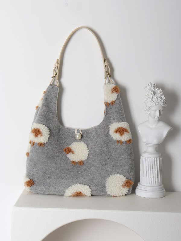 Plush Gray Lamb Tote Bag for Women, Soft and Cute Large Capacity Design, Trendy Niche Style
